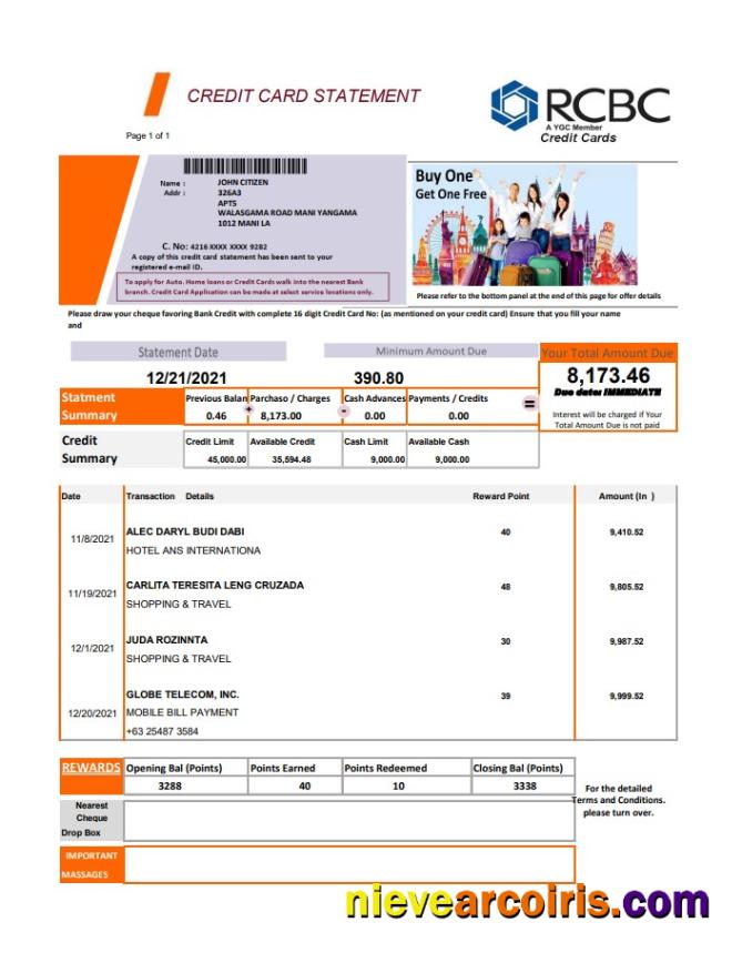 Philippines Rizal Commercial Banking Corporation (RCBC) credit card statement in .xls and .pdf file format